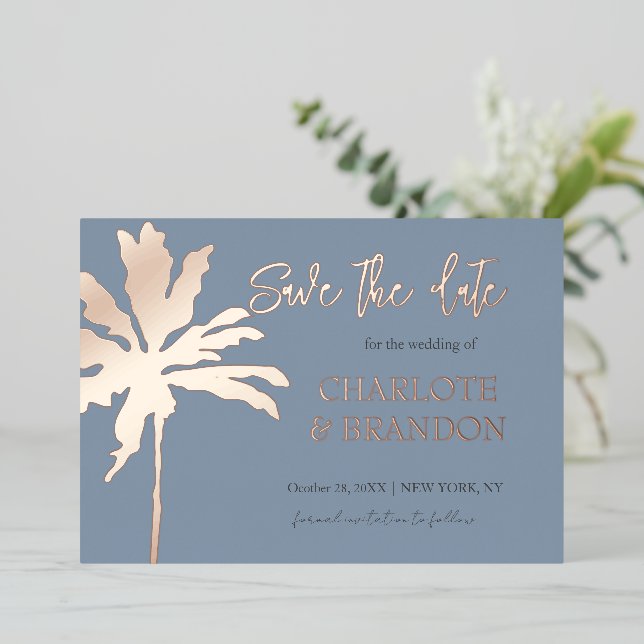 Dusty Blue Palm Tree Beach Wedding Save The Date (Standing Front)