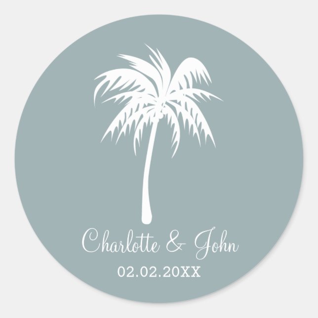 Dusty Blue  Palm Tree Wedding stickers (Front)