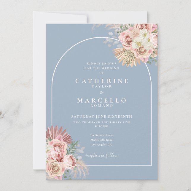 Dusty Blue Pampas Grass Boho Arch Floral Wedding Invitation (Front)