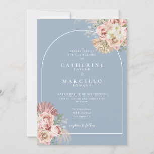 Dusty Blue Pampas Grass Boho Arch Floral Wedding Invitation