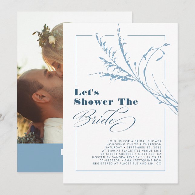 Dusty Blue Pampas Grass Boho Bridal Shower Photo Invitation (Front/Back)