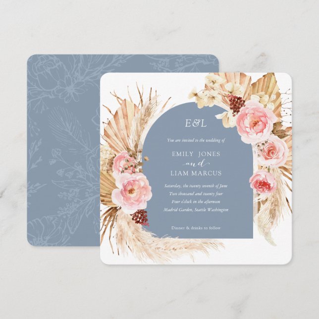 Dusty Blue Pampas Grass Boho Floral Square Invitation (Front/Back)