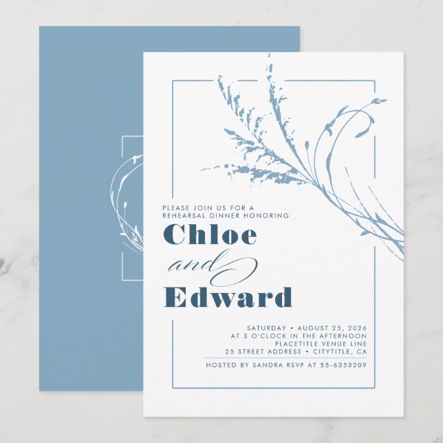 Dusty Blue Pampas Grass Modern Rehearsal Dinner Invitation (Front/Back)