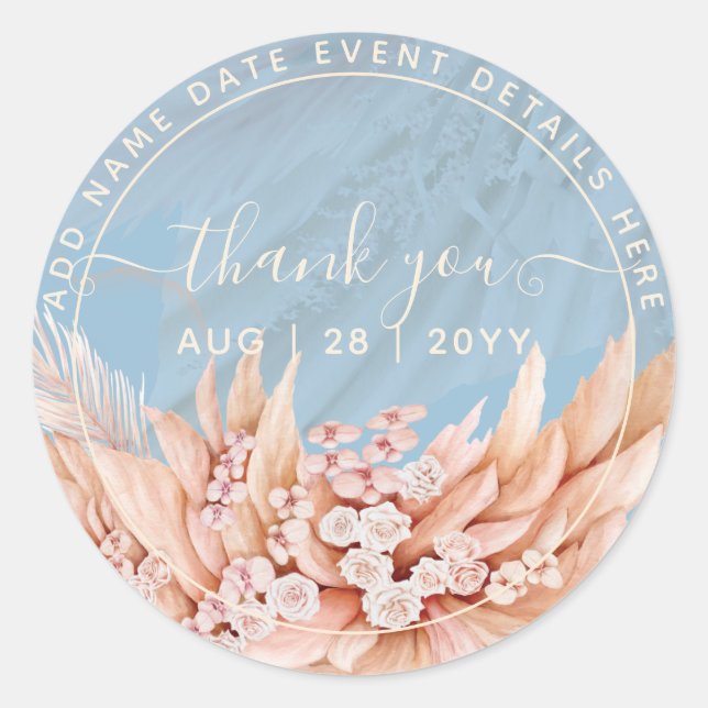 Dusty Blue Pampas Grass Thank You Favour Classic R Round Sticker (Front)