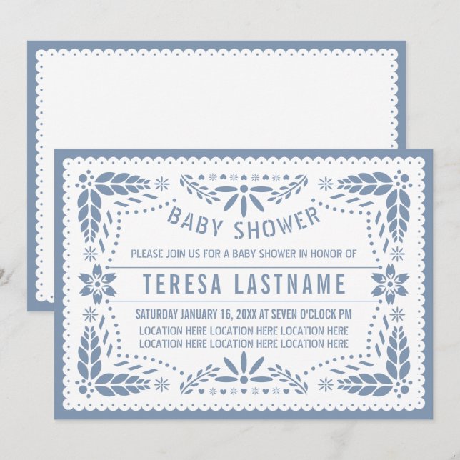 Dusty blue papel picado Mexican baby boy shower Invitation (Front/Back)
