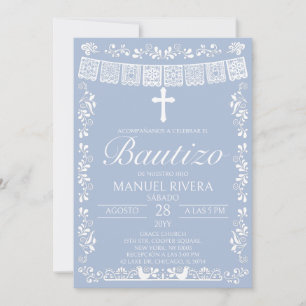 Dusty Blue Papel Picado Spanish Bautizo Invitation