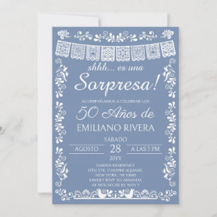 Dusty Blue Papel Picado Surprise 50th Birthday Invitation