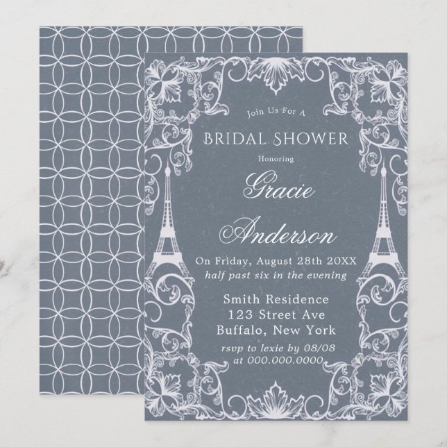 Dusty Blue Paris France Bridal Shower Invitation (Front/Back)