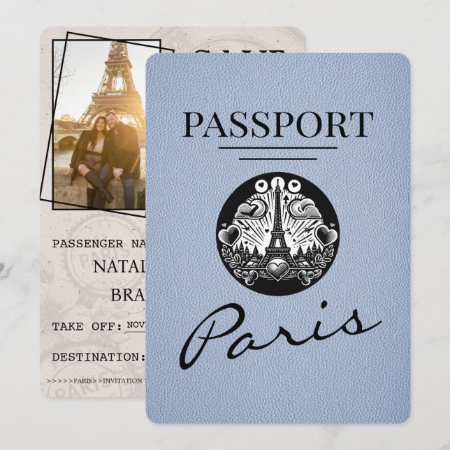 Dusty Blue Paris Passport Save The Date (Front/Back)