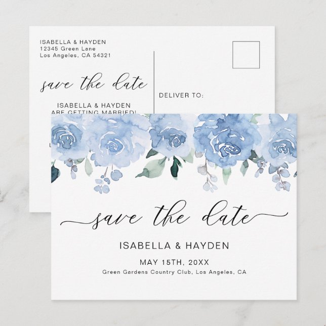 Dusty Blue Pastel Floral Light Boho Save The Date Announcement Postcard (Front/Back)