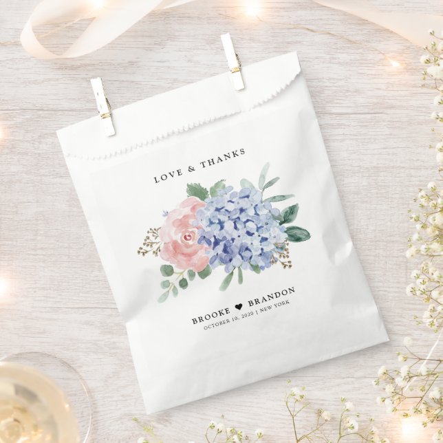 Dusty Blue Pastel Pink hydrangea Botanical Wedding Favour Bag (Clipped)