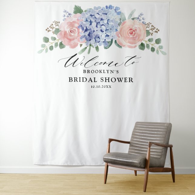 Dusty Blue Pastel Pink hydrangeas Bridal Shower Tapestry (In Situ)