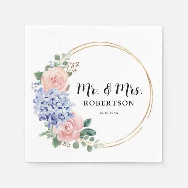 Dusty Blue Pastel Pink hydrangeas Floral Wedding Napkin (Front)