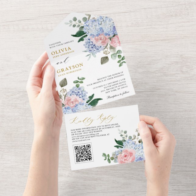Dusty Blue Pastel Pink hydrangeas  Wedding QR Code All In One Invitation (Tearaway)
