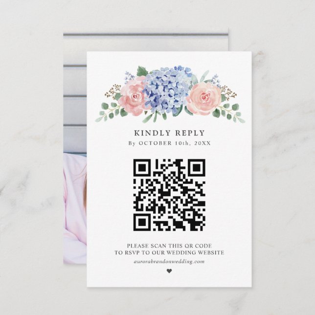 Dusty Blue Pastel Pink hydrangeas Wedding QR Code RSVP Card (Front/Back)