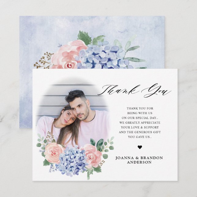 Dusty Blue Pastel Pink hydrangeas Wedding Thank You Card (Front/Back)