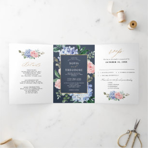 Dusty Blue Pastel Pink hydrangeas Wedding Tri-Fold Announcement