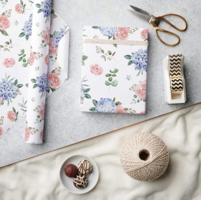Dusty Blue Pastel Pink hydrangeas Wedding Wrapping Paper (Crafts)