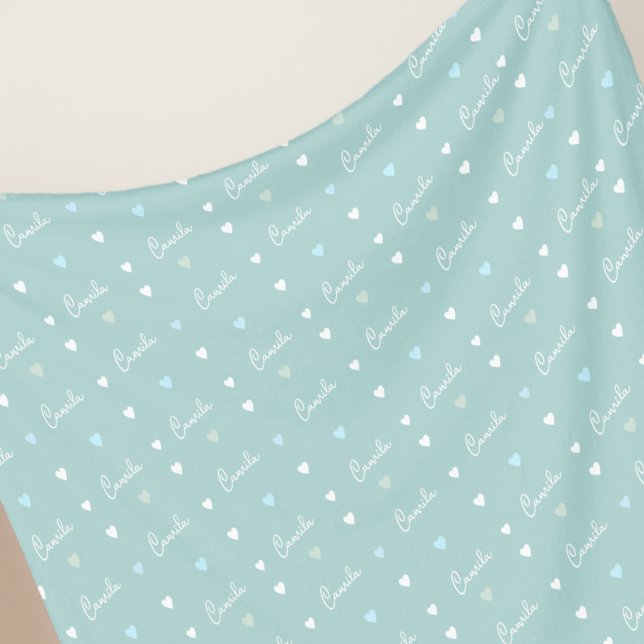 Dusty-blue pattern of hearts with repeating name fleece blanket (Creator Uploaded)