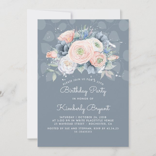 Dusty Blue Peach and Rose Floral Birthday Party Invitation (Front)