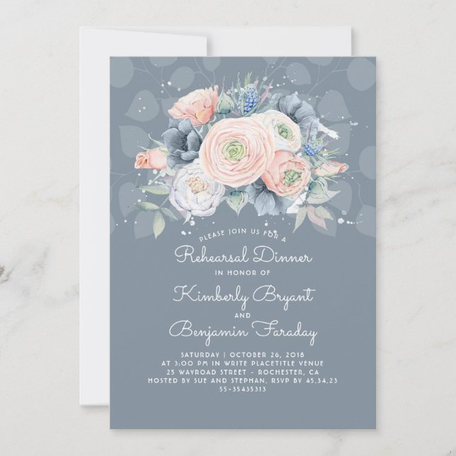 Dusty Blue Peach and Rose Floral Rehearsal Dinner Invitation (Front)