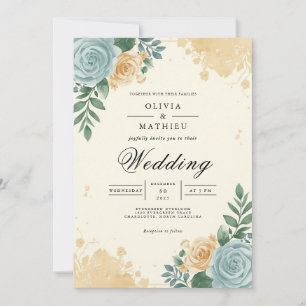 Dusty Blue & Peach Blossom Flourish Wedding Invitation