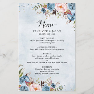 Dusty Blue Peach Blush Botanical Boho Wedding Menu