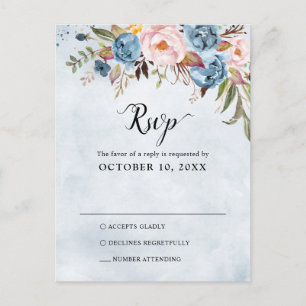 Dusty Blue Peach Blush Botanical Boho Wedding RSVP Postcard