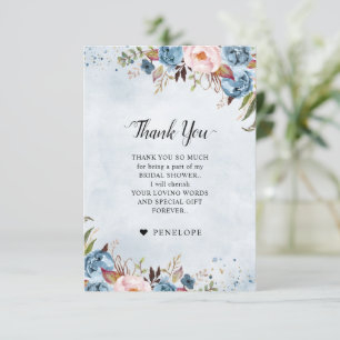 Dusty Blue Peach Blush Botanical  Bridal Shower Th Thank You Card