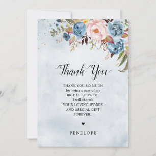 Dusty Blue Peach Blush Botanical Bridal Shower Thank You Card