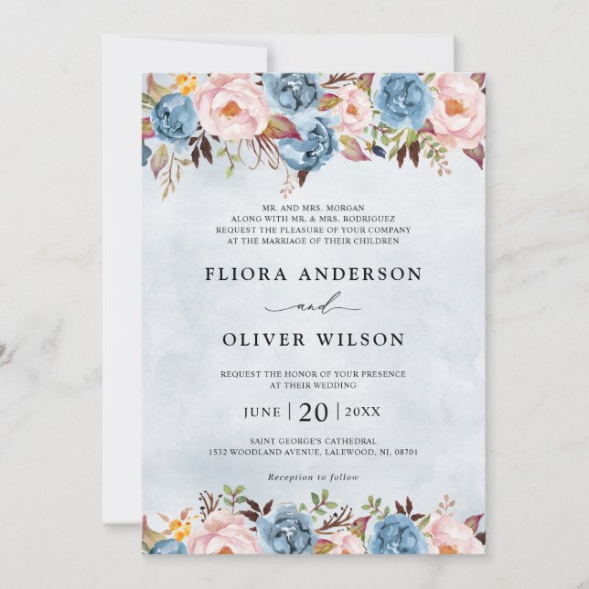 Dusty Blue Peach Blush Botanical Floral Wedding In Invitation (Front)
