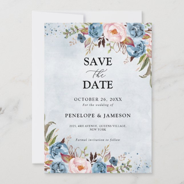 Dusty Blue Peach Blush Botanical Floral Wedding Save The Date (Front)