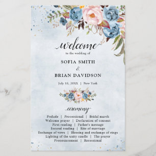 Dusty Blue Peach Blush Botanical Wedding program
