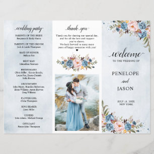 Dusty Blue Peach Blush Botanical Wedding program