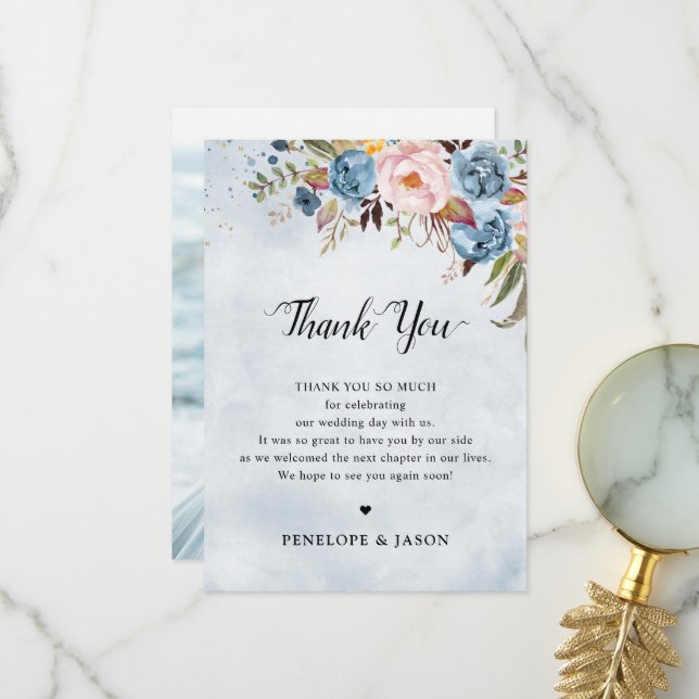  Dusty Blue Peach Blush Floral Botanical Wedding Thank You Card (Front/Back In Situ)