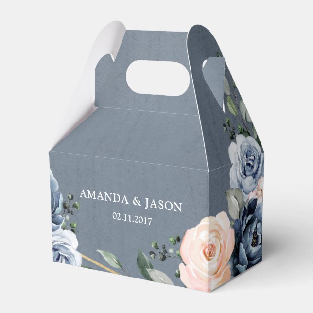 Dusty Blue Peach Blush Geometric Floral Wedding Favor Box (Front Side)