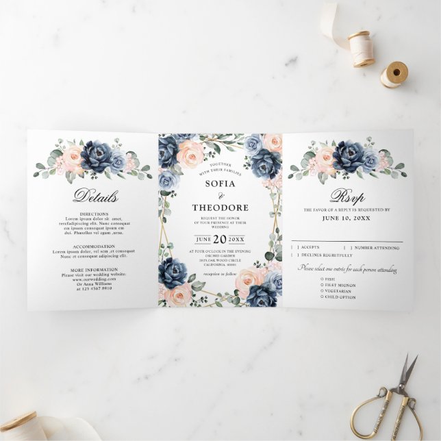 Dusty Blue Peach Blush Geometric Floral Wedding Tr Tri-Fold Announcement (Inside)