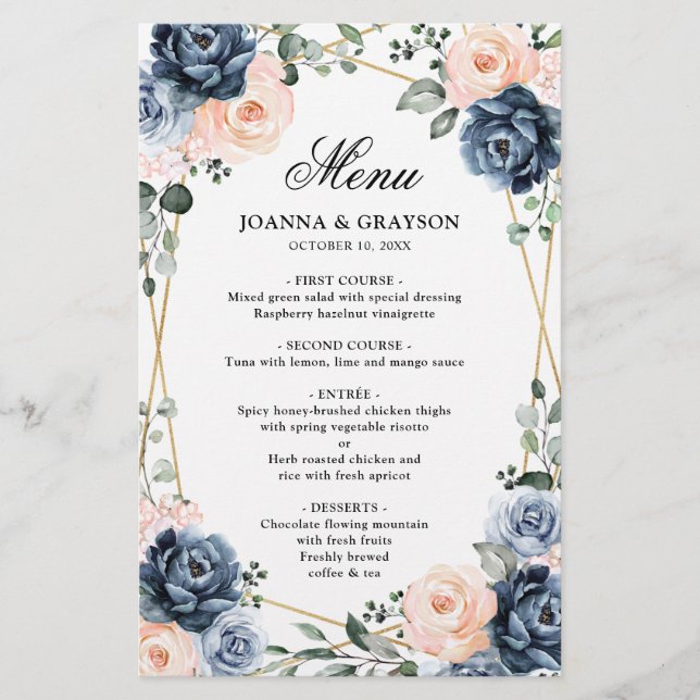 Dusty Blue Peach Blush Geometric Wedding Menu      (Front)