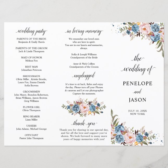 Dusty Blue Peach Blush programme de mariage botani (Devant)