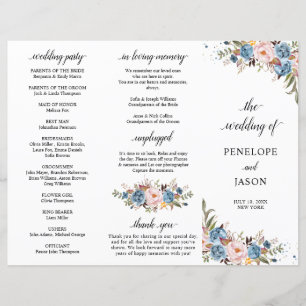 Dusty Blue Peach Blush programme de mariage botani