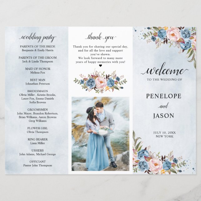 Dusty Blue Peach Blush programme de mariage botani (Devant)