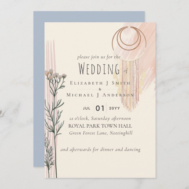 Dusty Blue Peach BOHO Wedding Invitation (Front/Back)