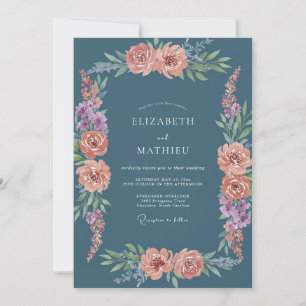 Dusty Blue Peach Botanical Wedding Invitation