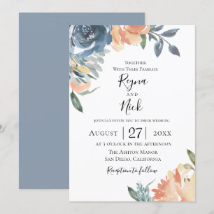 Dusty Blue Peach Botanical Wedding Invitation