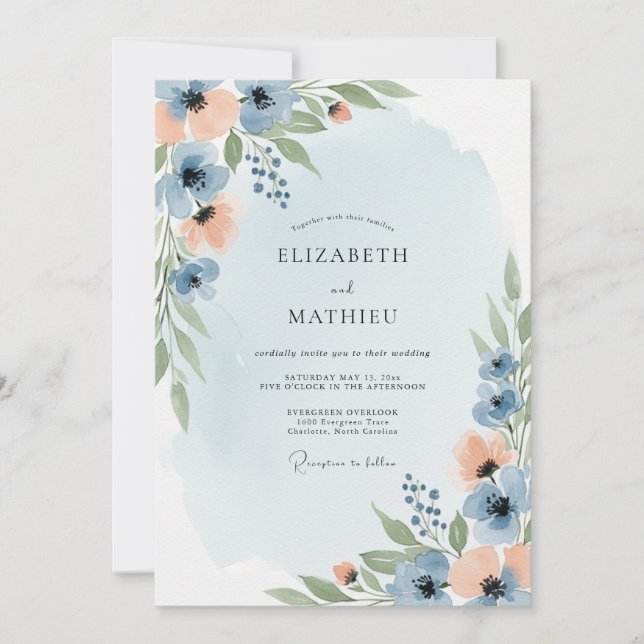 Dusty Blue Peach Dreamy Spring Wedding Invitation (Front)