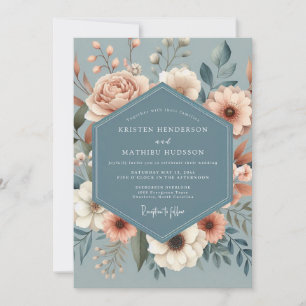 Dusty Blue Peach Flora Wedding Invitation