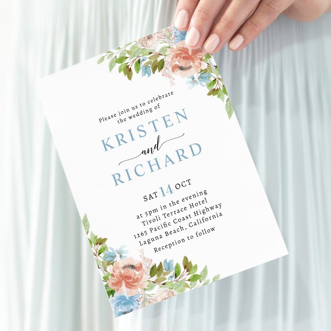 Dusty Blue Peach Floral Greenery Wedding Invitation (Creator Uploaded)