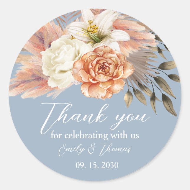 Dusty Blue Peach Floral Thank You Classic Round Sticker (Front)