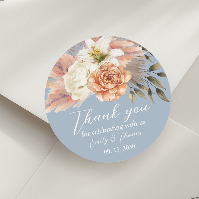 Dusty Blue Peach Floral Thank You Classic Round Sticker (Creator Uploaded)