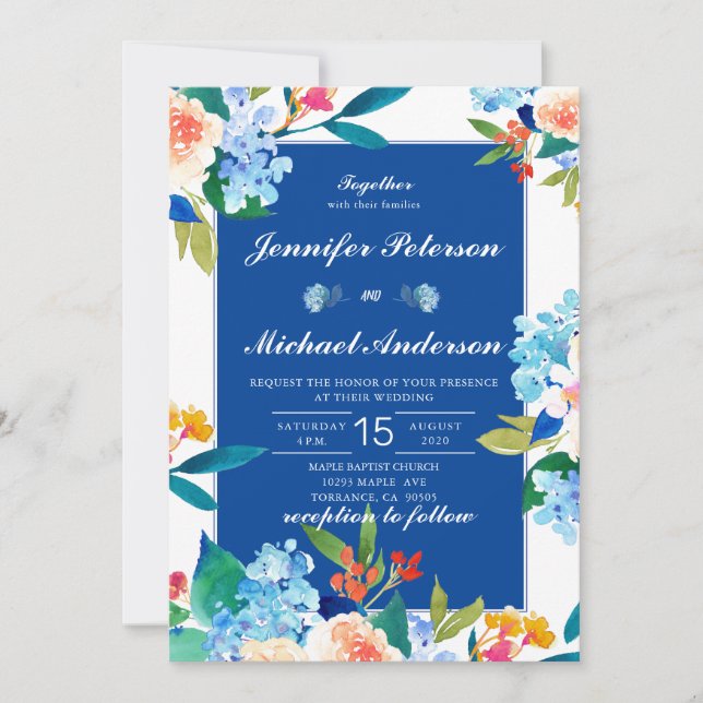 Dusty Blue & Peach Floral Wedding Invitation (Front)